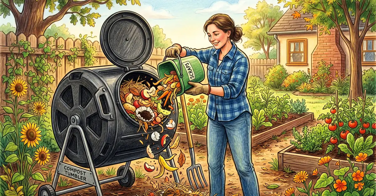 Pencil-crayon illustration of a kitchen scrap pail being emptied into the open hatch of a compost tumbler in a backyard with vegetable peels, coffee grounds, eggshells, and dried leaves visible