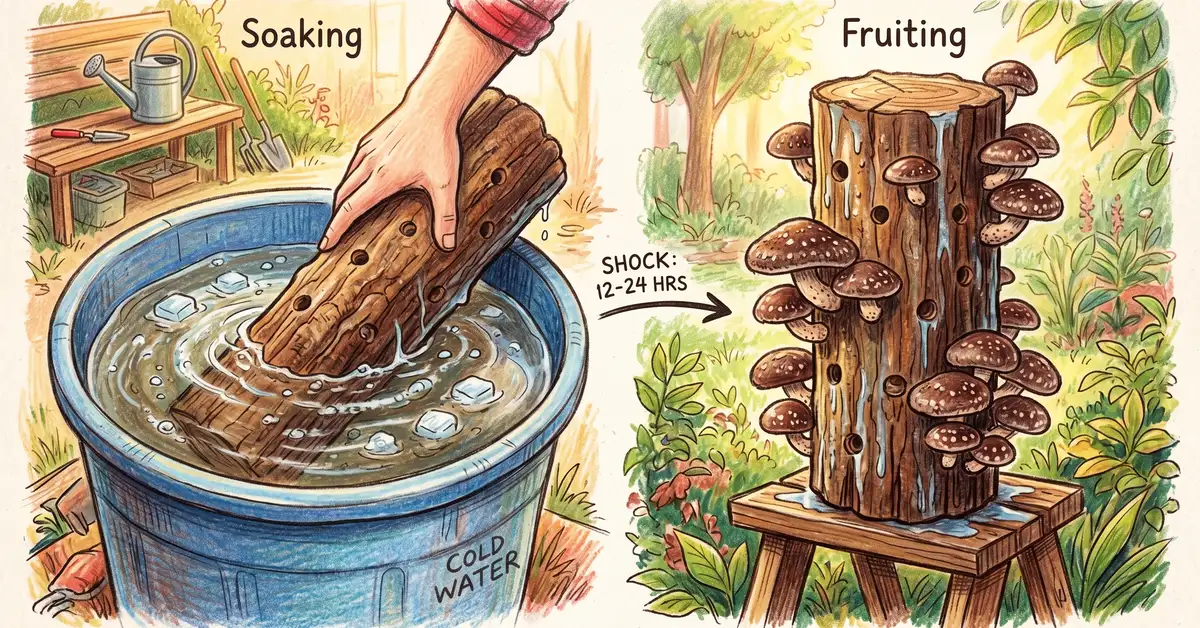 Pencil crayon illustration showing a fully colonized mushroom log being submerged in a stock tank of cold water for the 24 hour force fruit soak