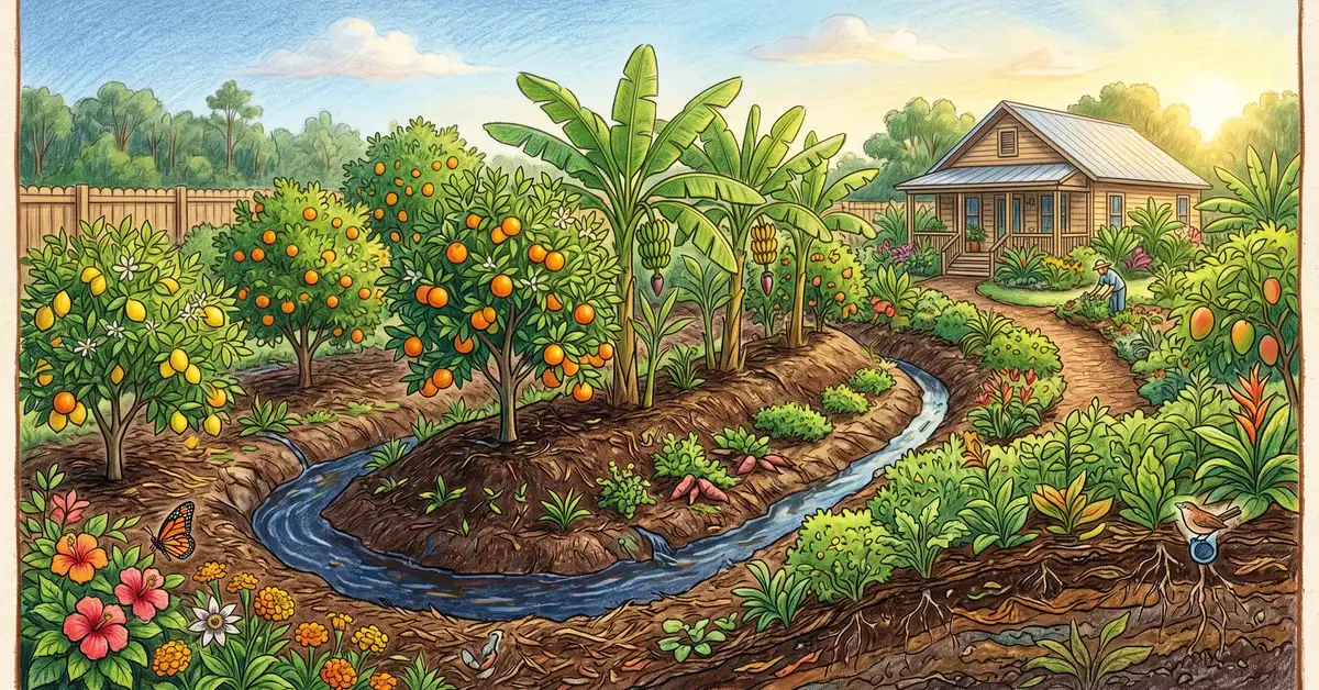 Pencil-crayon illustration of a swale (contoured ditch) capturing rainwater across a Florida backyard food forest with citrus and banana trees planted on the downhill berm demonstrating water harvesting design for subtropical climates