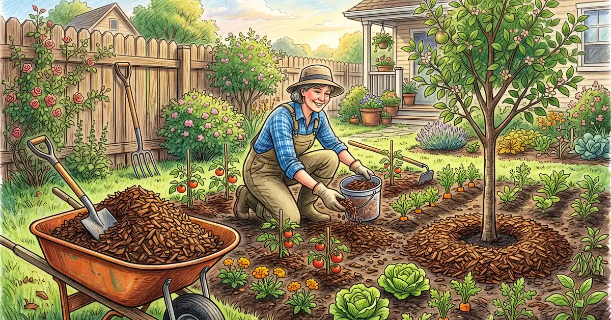 Pencil-crayon illustration of a Weekend Gardener applying 3 inches of wood chip mulch around vegetable plants
