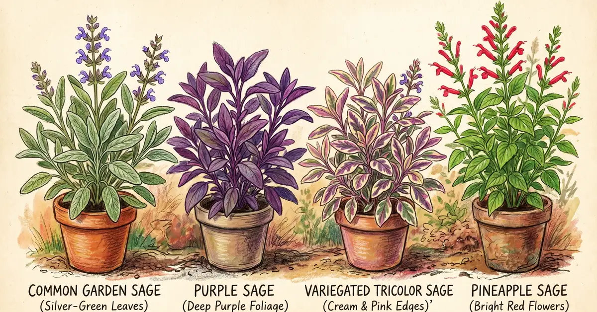 Pencil-crayon illustration showing four sage varieties side by side: common garden sage, purple sage with deep purple foliage, variegated tricolor sage, and pineapple sage with bright red flowers