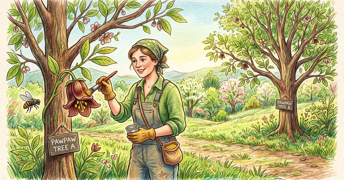 Pencil-crayon illustration of a homesteader hand-pollinating a maroon pawpaw flower with a paintbrush, with a fly nearby and two trees in the scene