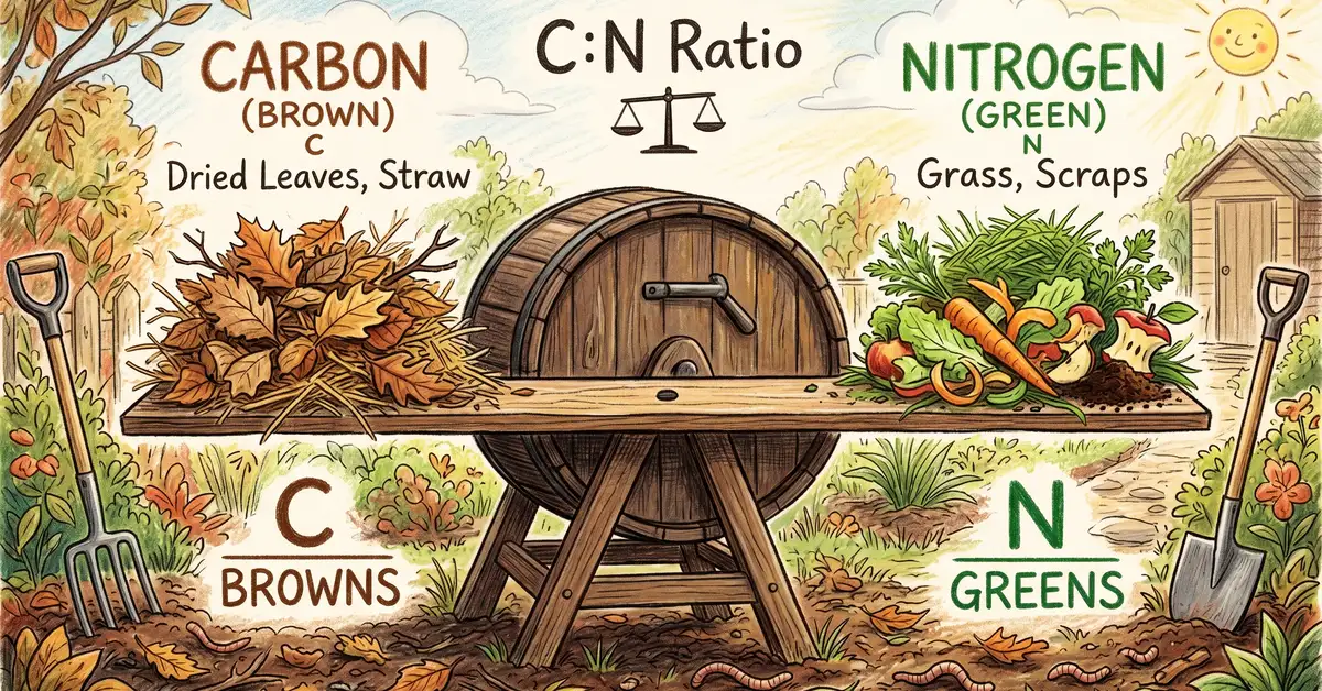 Pencil-crayon illustration of the brown to green carbon to nitrogen ratio principle with dried brown leaves on one side and fresh green grass clippings and vegetable scraps on the other side balanced over a compost tumbler