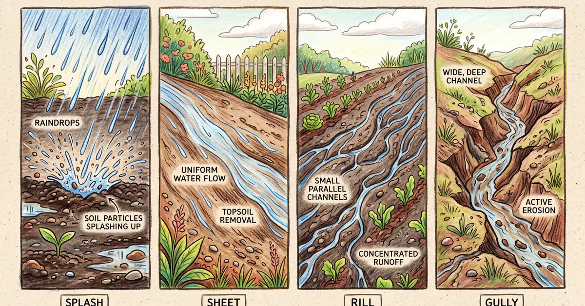 Pencil-crayon illustration showing the four types of garden soil erosion: splash, sheet, rill, and gully