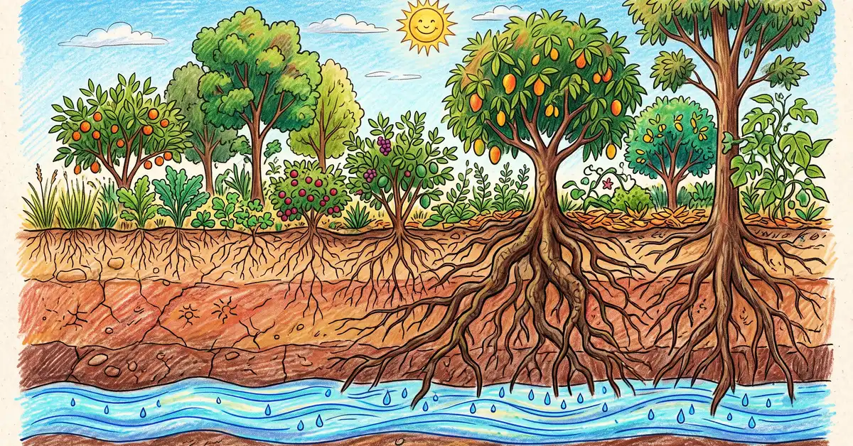 Pencil-crayon illustration of the underground root system of a syntropic food forest reaching different soil depths during drought