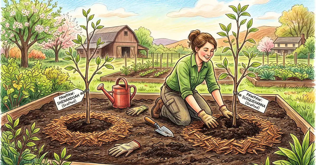 Pencil-crayon illustration of two grafted pawpaw saplings being planted 15 ft apart in a homestead garden bed with mulch rings and cultivar labels