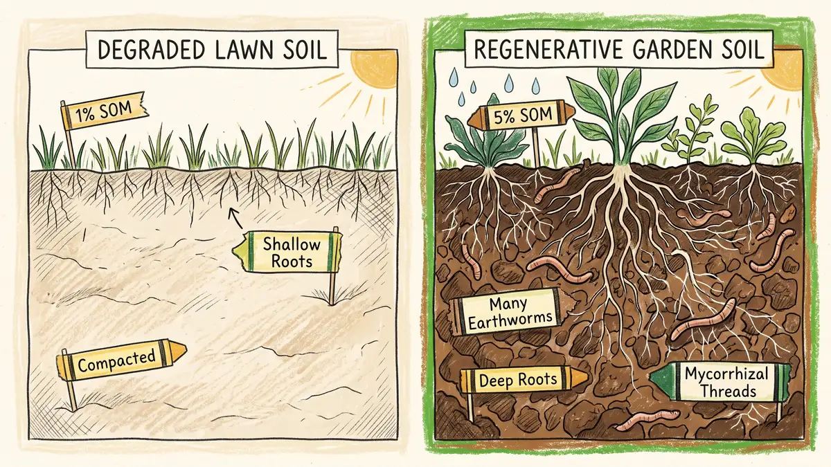 Side-by-side infographic comparing degraded lawn soil with 1 percent SOM versus regenerative garden soil with 5 percent SOM