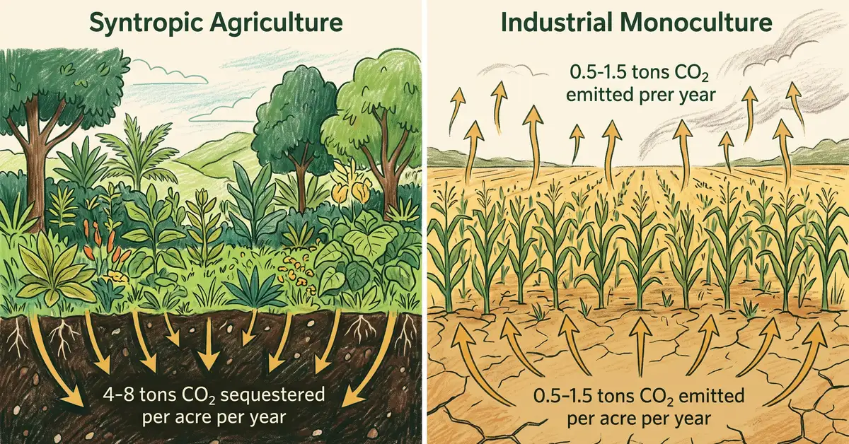Pencil-crayon infographic showing syntropic system sequestering 4-8 tons CO2 per acre per year vs industrial monoculture emitting 0.5-1.5 tons