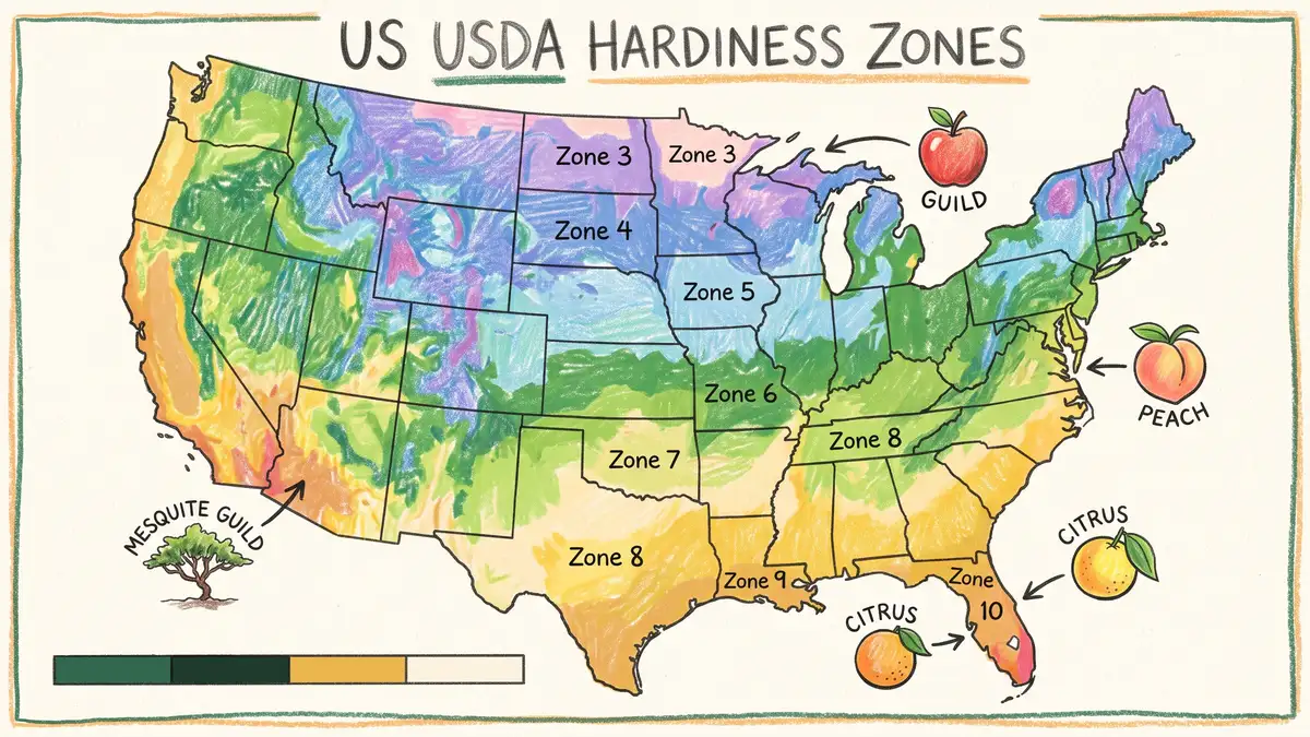 US map infographic showing USDA hardiness zones with permaculture guild icons placed on each major zone region
