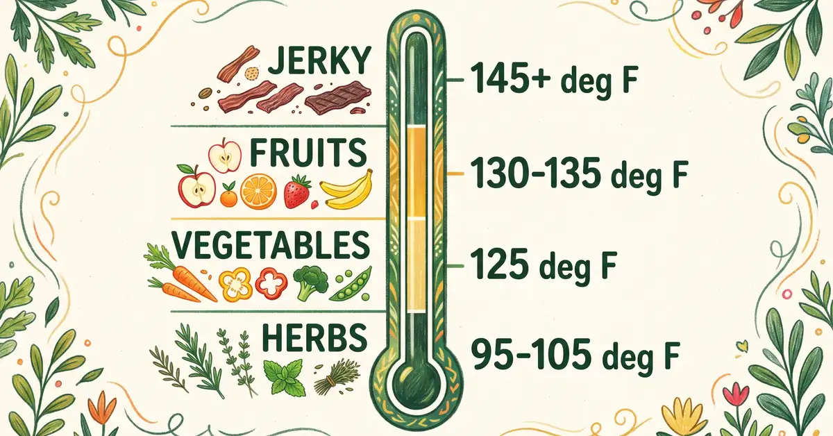 Vertical infographic showing dehydration temperature guide from herbs at the bottom to jerky at the top
