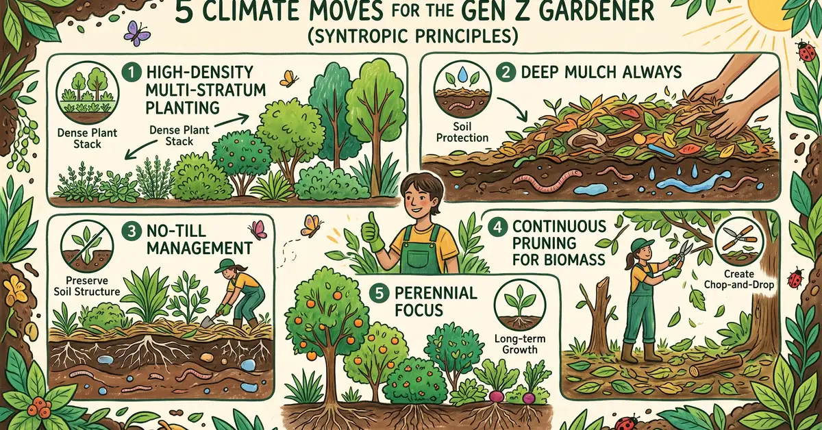 Pencil-crayon infographic showing 5 climate moves: high-density multi-stratum planting, deep mulch, no-till, continuous pruning, perennial focus
