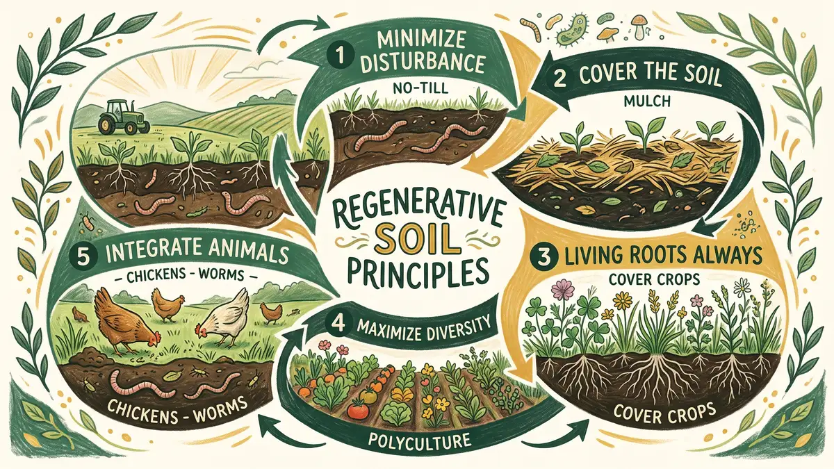 Circular infographic showing the 5 regenerative soil principles: minimize disturbance, cover the soil, living roots always, maximize diversity, integrate animals