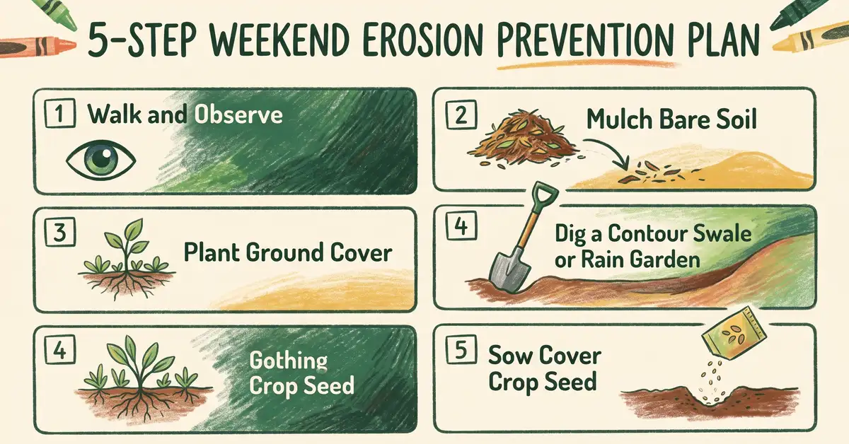 Pencil-crayon infographic showing the 5-step weekend erosion prevention plan: walk and observe, mulch, ground cover, swale, cover crop
