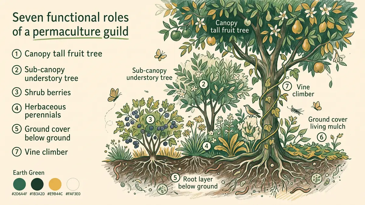 Infographic showing the 7 functional roles of a permaculture guild from canopy to root layer