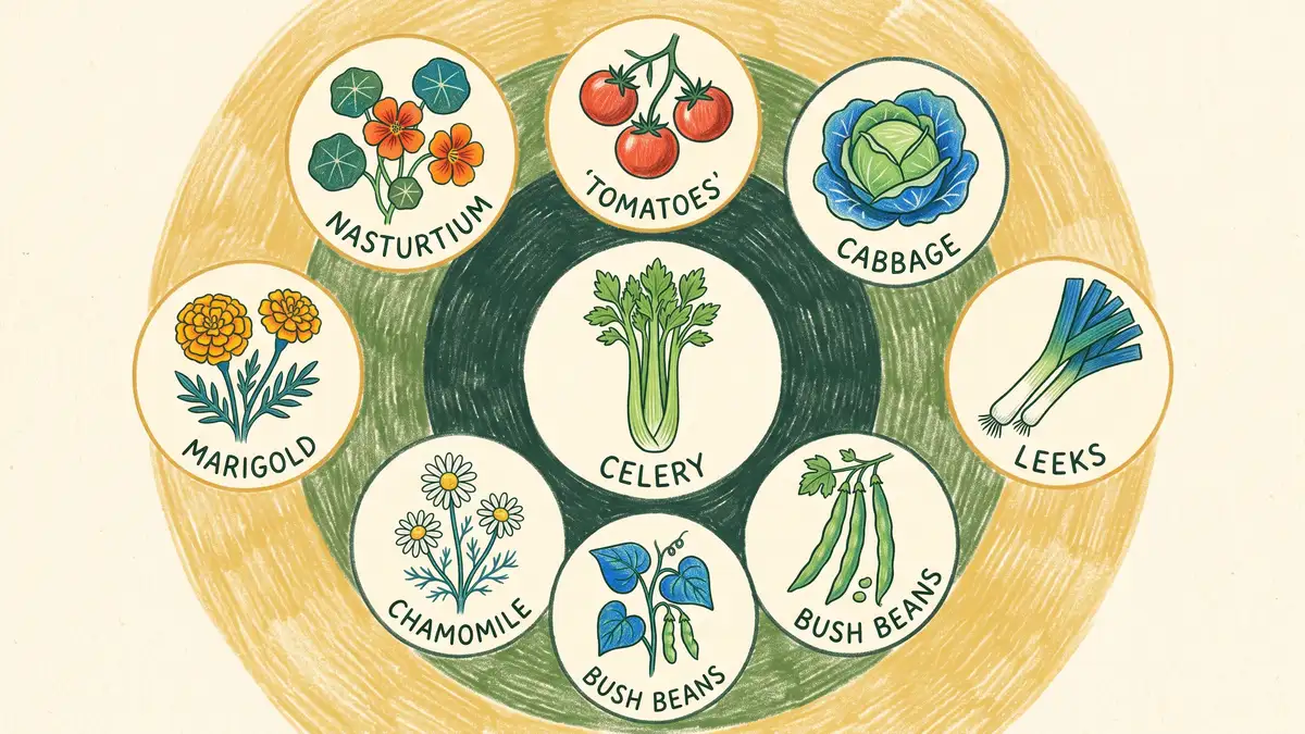Top-down infographic of the celery companion guild with tomatoes, cabbage, leeks, bush beans, chamomile, marigold, and nasturtium around a central celery