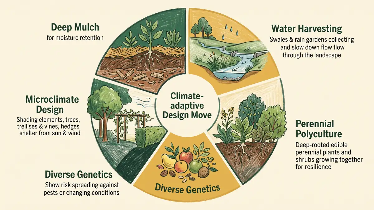 Pencil-crayon infographic showing the five climate-adaptive design moves arranged as a wheel: deep mulch, water harvesting, perennial polyculture, diverse genetics, microclimate design