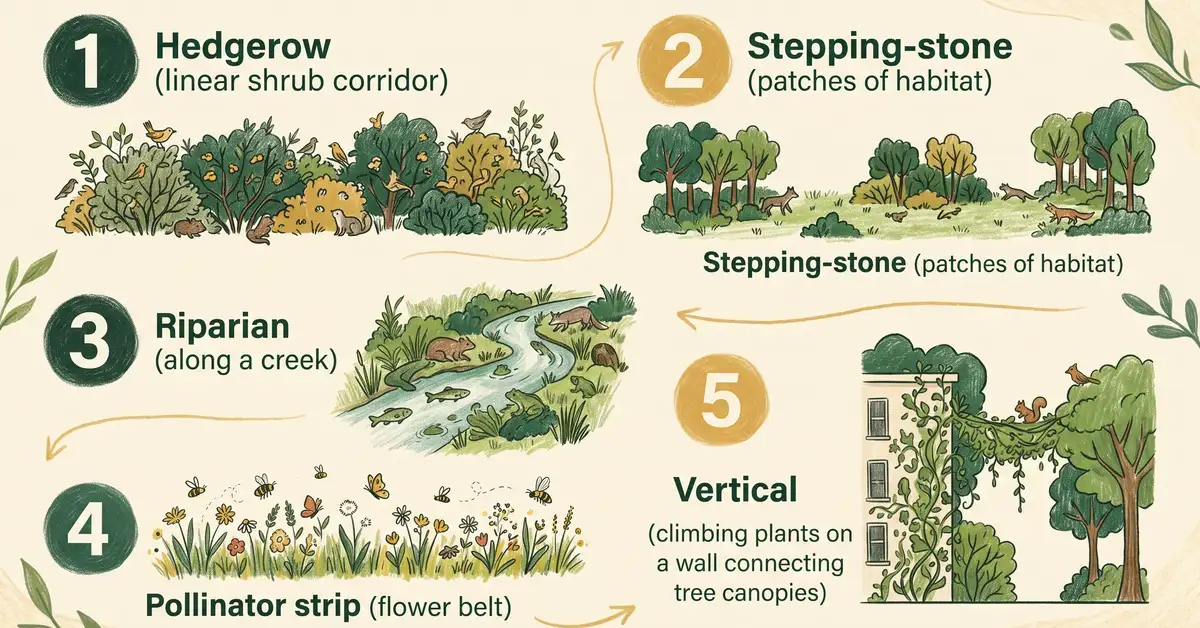 Pencil-crayon infographic showing the five wildlife corridor types: hedgerow, stepping-stone, riparian, pollinator strip, and vertical corridor