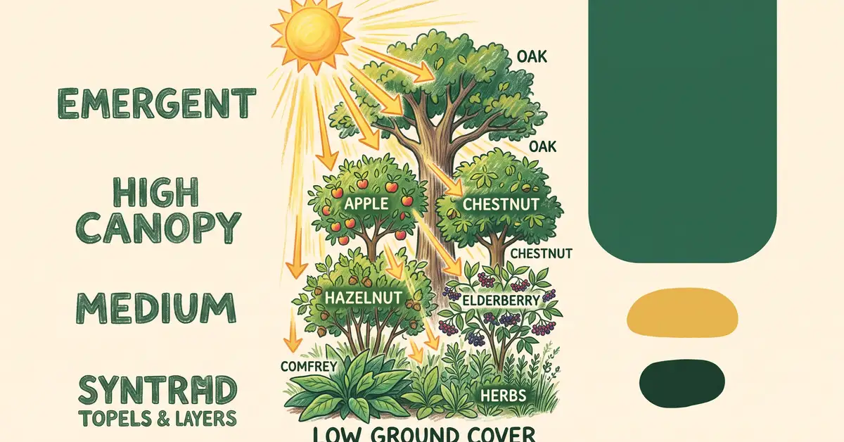 Pencil-crayon infographic showing the four syntropic strata: emergent oak, high apple chestnut, medium hazelnut elderberry, low comfrey ground cover with light arrows