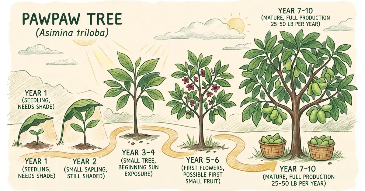 Pencil-crayon infographic showing pawpaw tree growth year by year from seedling needing shade through mature production of 25-50 lb per year