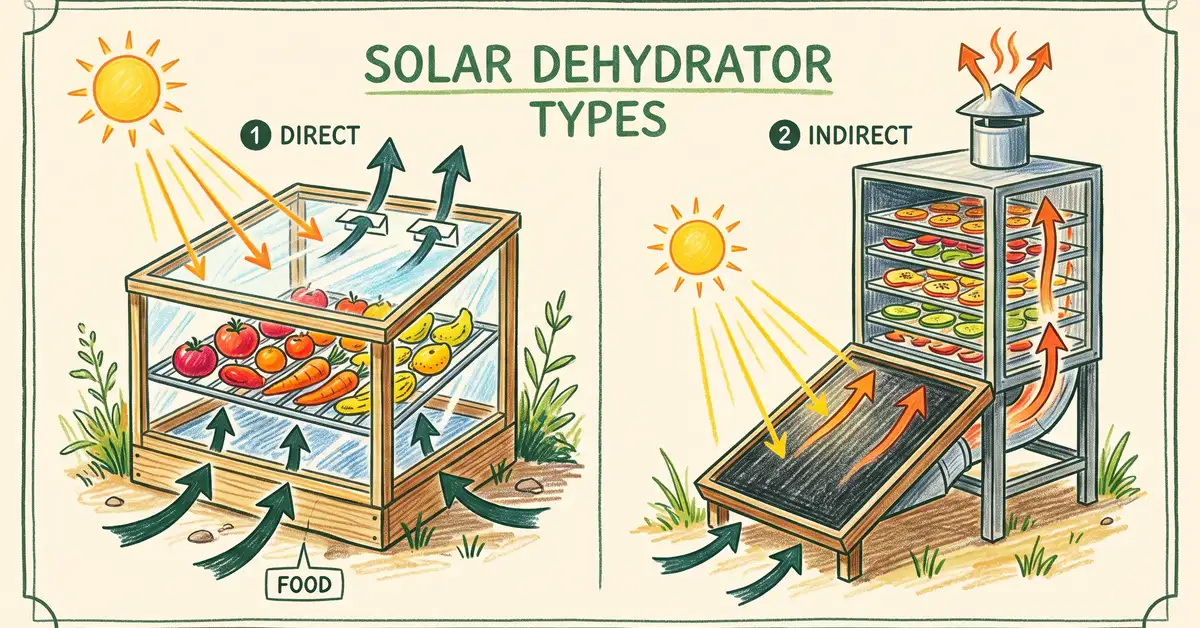 Side-by-side infographic comparing direct and indirect solar dehydrators with sun rays and airflow arrows
