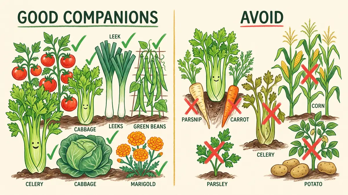 Infographic comparing good celery companions on the left versus plants to avoid on the right