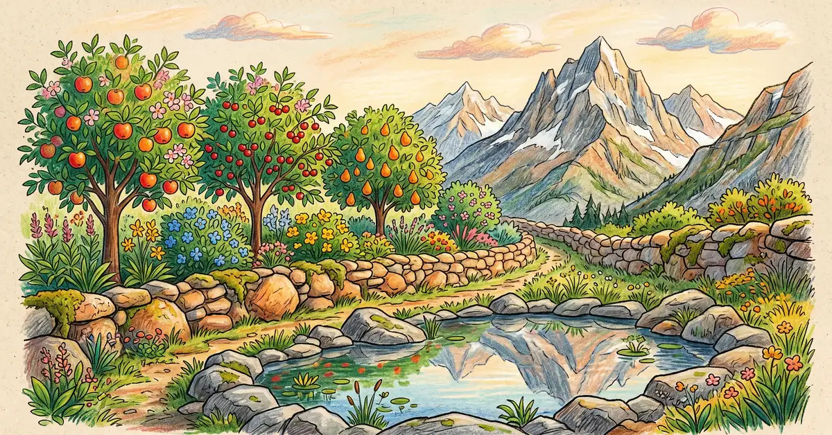 Pencil-crayon landscape illustration of a small still mountain pond surrounded by gray stones and a low stone wall with fruit trees and shrubs growing on the south side and distant alpine peaks in the background