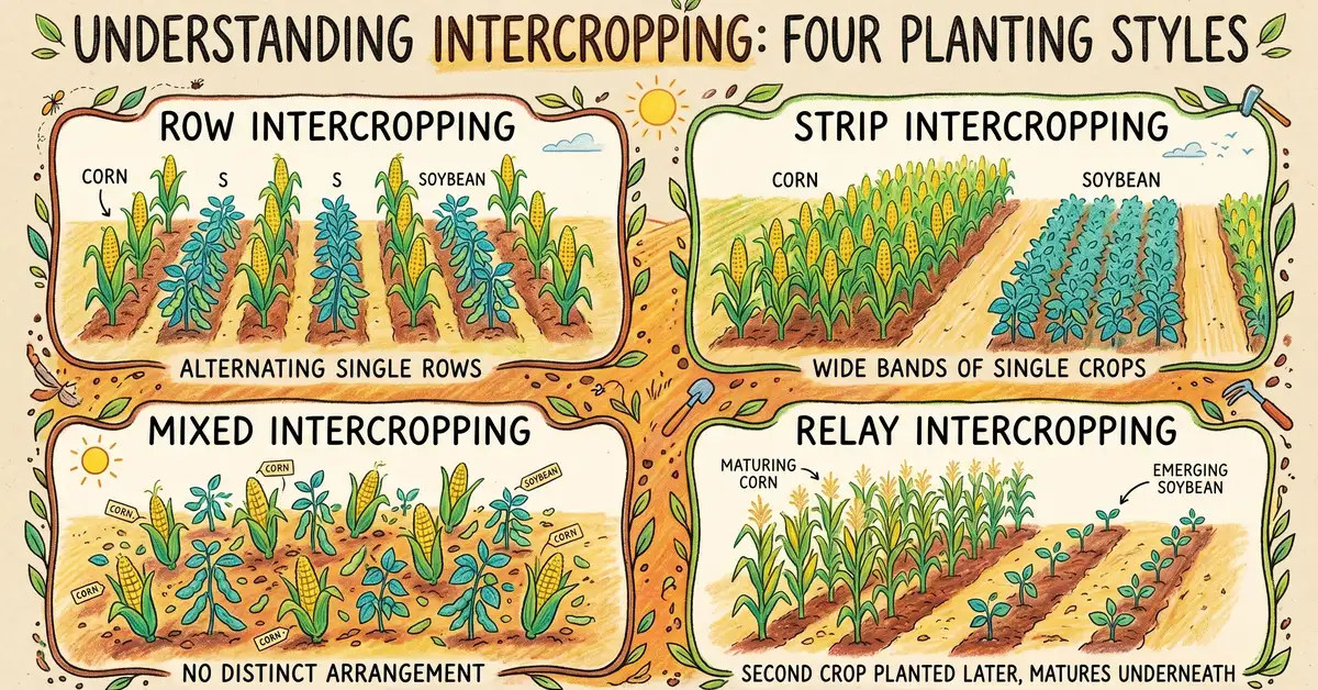 Pencil-crayon overhead diagram comparing four intercropping styles row intercropping with alternating rows, strip intercropping with wide bands, mixed intercropping with randomly scattered plants, and relay intercropping with one crop maturing as a second emerges