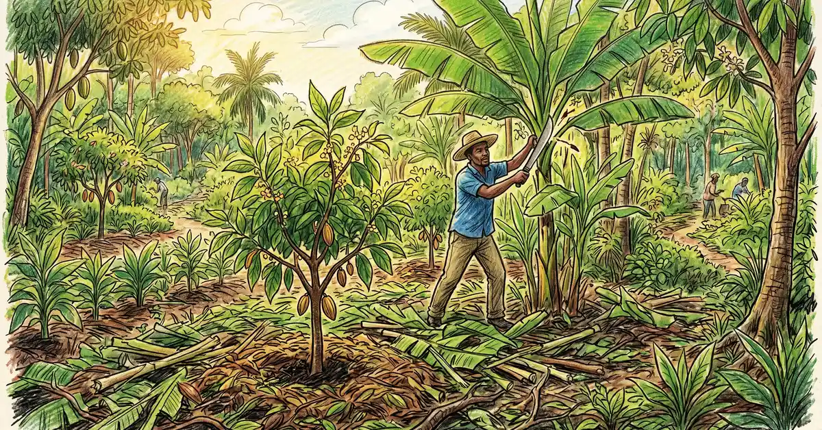 Pencil-crayon scene of a farmer pruning a banana plant with a machete in a syntropic cocoa agroforestry system with chop and drop mulch on the ground around the cocoa trees