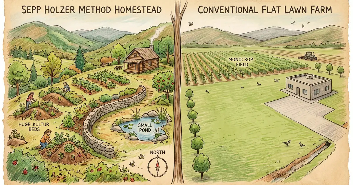 Pencil-crayon side-by-side comparison illustration of an American Appalachian mountain homestead applying Sepp Holzer techniques with hugelkultur beds, a small pond, and stone walls, versus a conventional flat lawn farm with no diversity