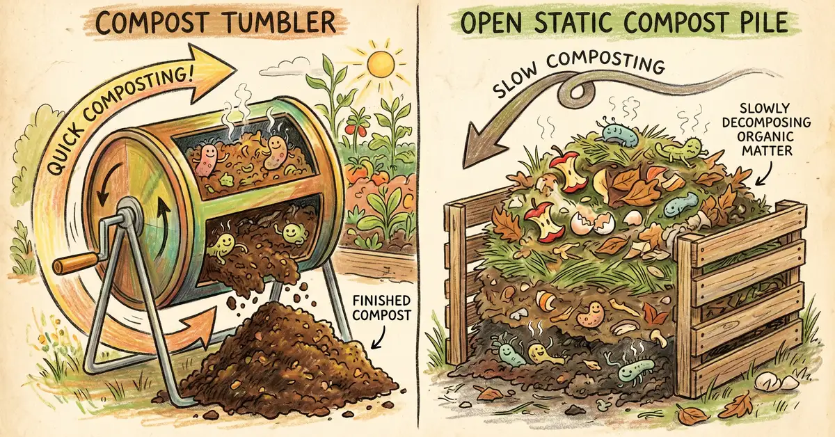 Pencil-crayon side-by-side comparison of a compost tumbler on the left with finished dark compost and a traditional open static compost pile on the right with slowly composting layered material