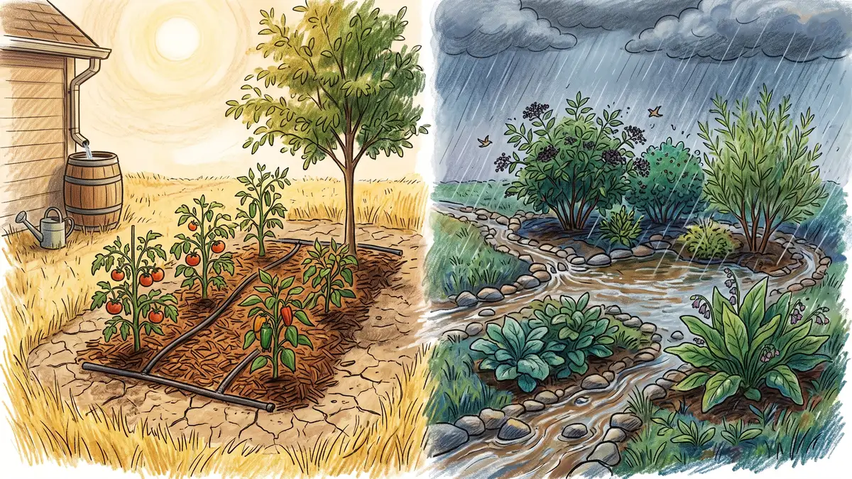 Pencil-crayon split-screen illustration showing a backyard adapting to both drought (deep mulch, shaded tomatoes, rain barrel) and flood (rain garden with elderberry and willow, swale)