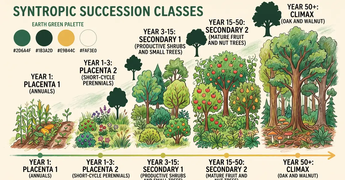 Pencil-crayon timeline infographic showing the syntropic succession classes from placenta 1 through climax stages with tree silhouettes growing over time