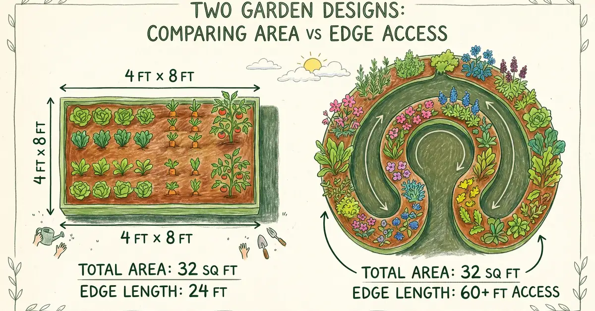 Top-down pencil crayon comparison of a rectangular 4x8 ft garden bed with 24 ft of edge next to a keyhole bed of equal area with 60+ ft of edge