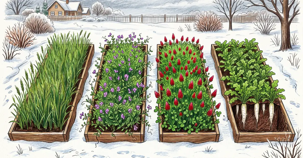 Top-down pencil crayon illustration of a 4-bed backyard garden showing cereal rye, hairy vetch, crimson clover, and daikon radish cover crops side by side