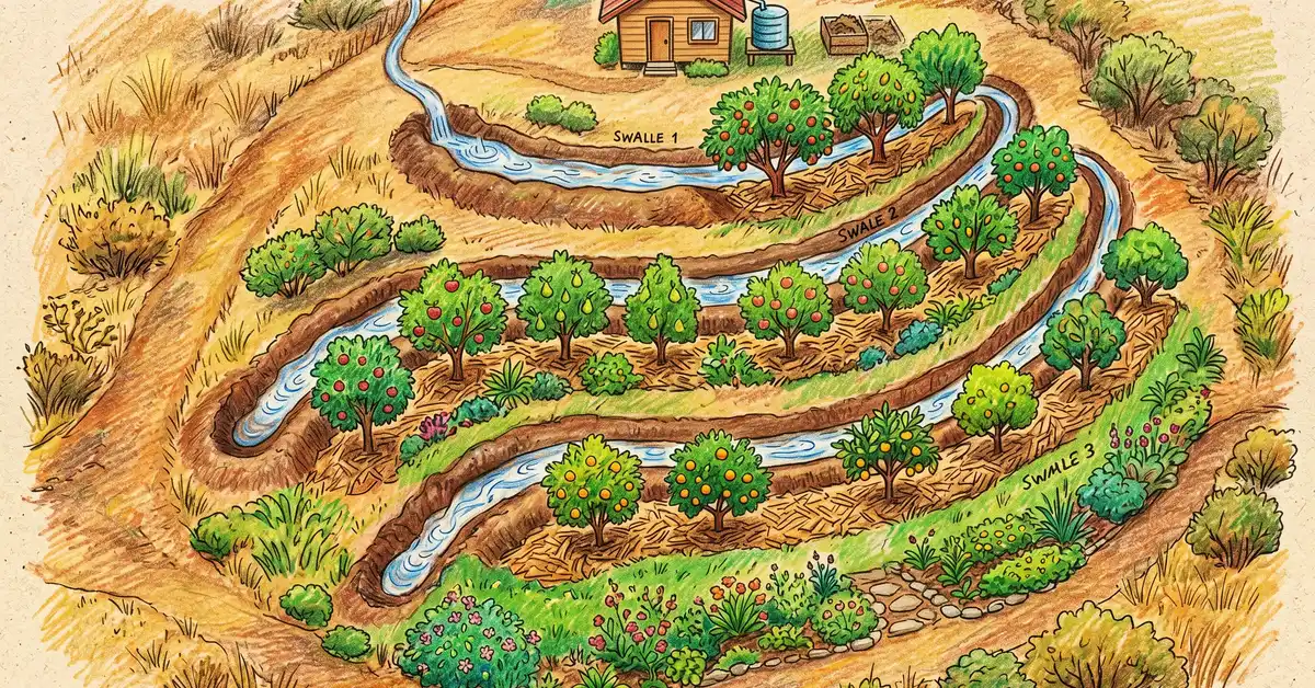 Top-down pencil crayon illustration of a backyard with contour swales and berms catching rainwater with mulched fruit trees on the downhill side