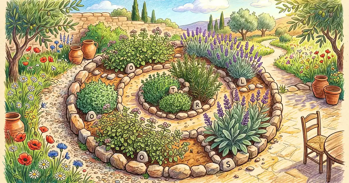 Top-down pencil crayon illustration of a Mediterranean herb spiral garden featuring thyme, rosemary, lavender, oregano, and sage