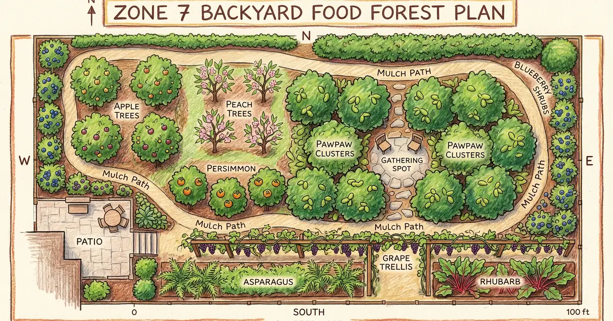 Top-down pencil crayon illustration of a quarter-acre Zone 7 backyard food forest plan with apple, peach, persimmon, pawpaw, blueberry, asparagus, and a grape trellis