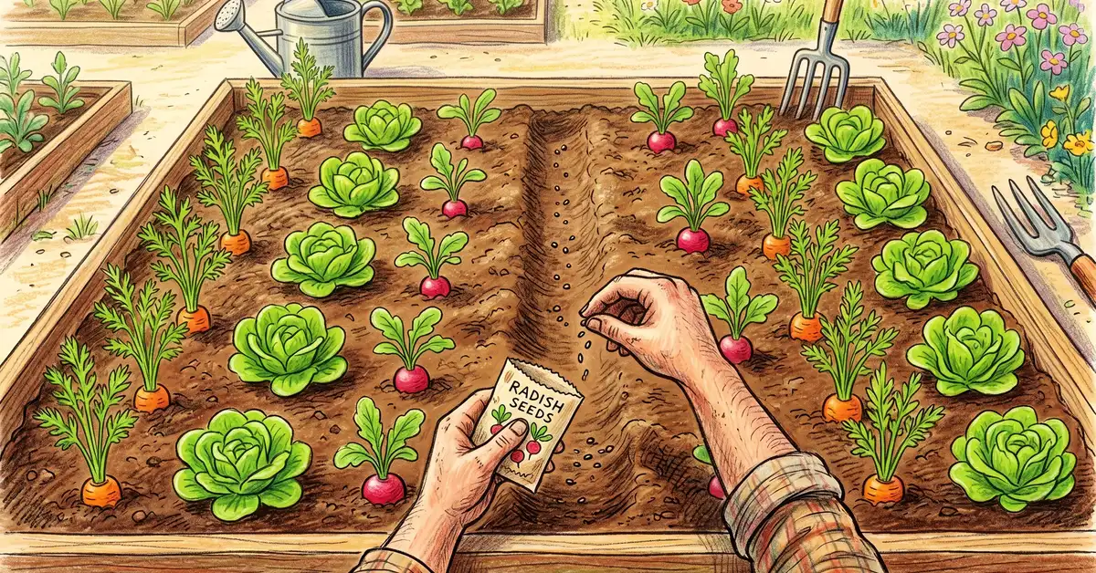 Top-down pencil crayon illustration of a vegetable bed showing radishes interplanted as row markers between carrots and lettuce