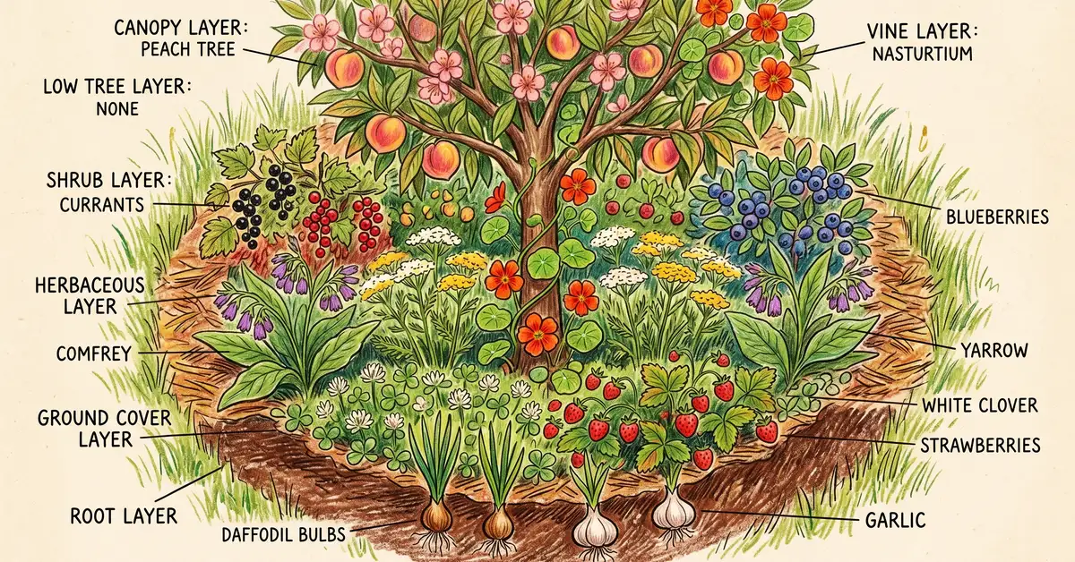 Top-down pencil crayon illustration of a 7-layer fruit tree guild around a peach tree with comfrey, clover, daffodils, garlic, and nasturtium