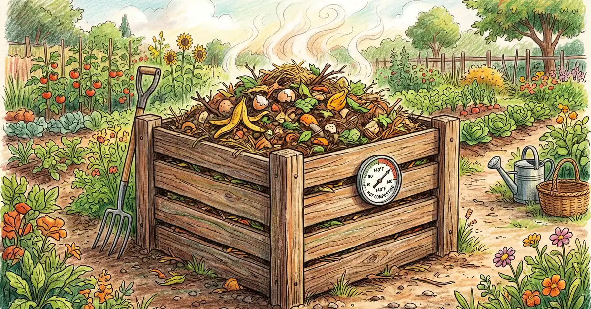 A sturdy wooden one-cubic-yard compost bin in a garden with steam rising and a dial thermometer inserted in the front