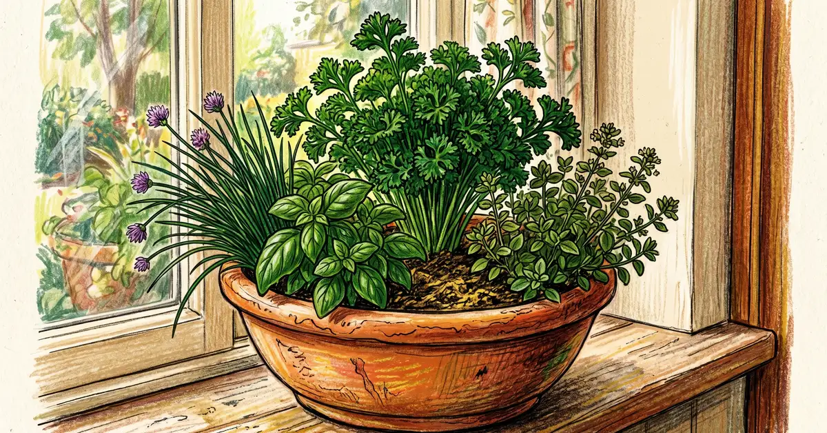 14 inch terracotta container herb planter with curly parsley as centerpiece chives basil and oregano