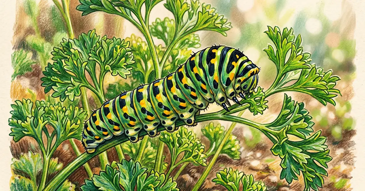 Black swallowtail butterfly caterpillar parsley worm with green black and yellow bands on a parsley sprig
