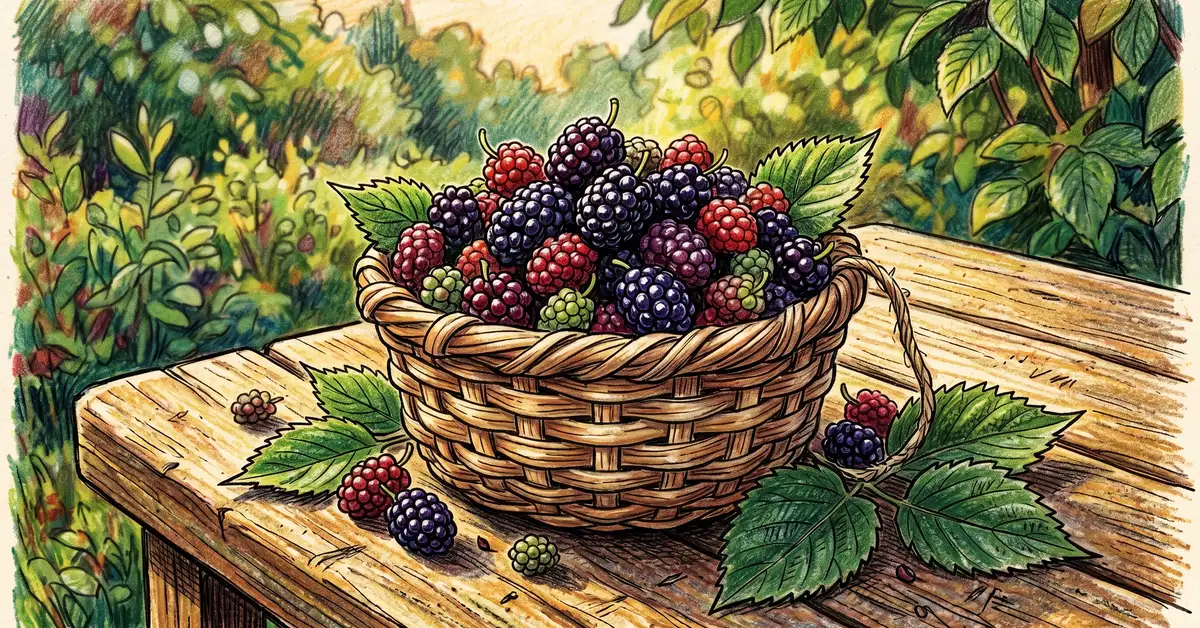 Woven basket overflowing with freshly harvested ripe black mulberries on a wooden table