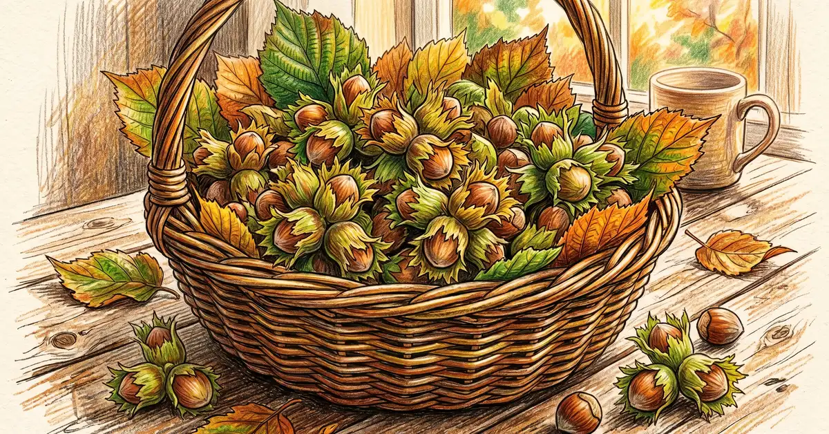 Pencil crayon close-up of a basket of freshly harvested hazelnuts with shells and leaves