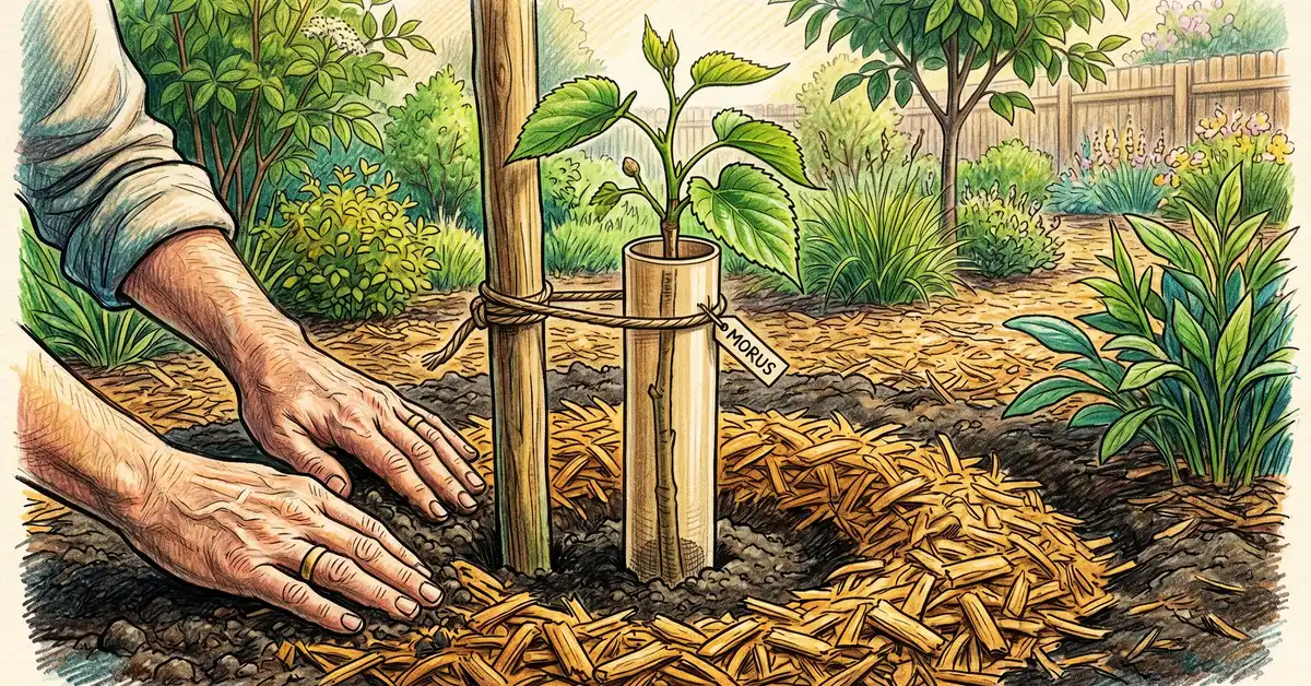 Young mulberry sapling being planted with tree protector and wood-chip mulch ring