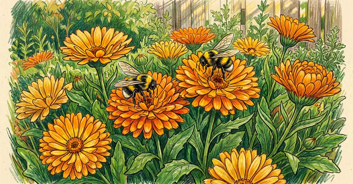 Bright orange and yellow calendula officinalis flowers in bloom with bees visiting