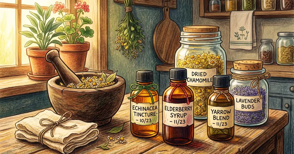 Small amber tincture bottles and glass jars of dried medicinal herbs on a wooden kitchen counter