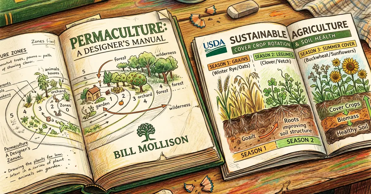 Two open foundational permaculture books with annotated zone diagrams