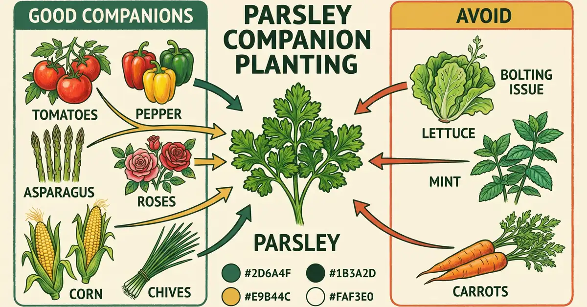 Educational diagram showing parsley companion plants and antagonists