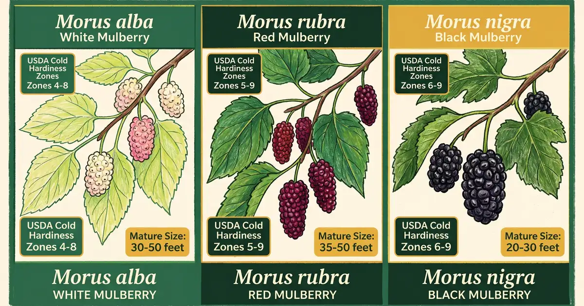 Educational diagram comparing white red and black mulberry species side by side with hardiness zones
